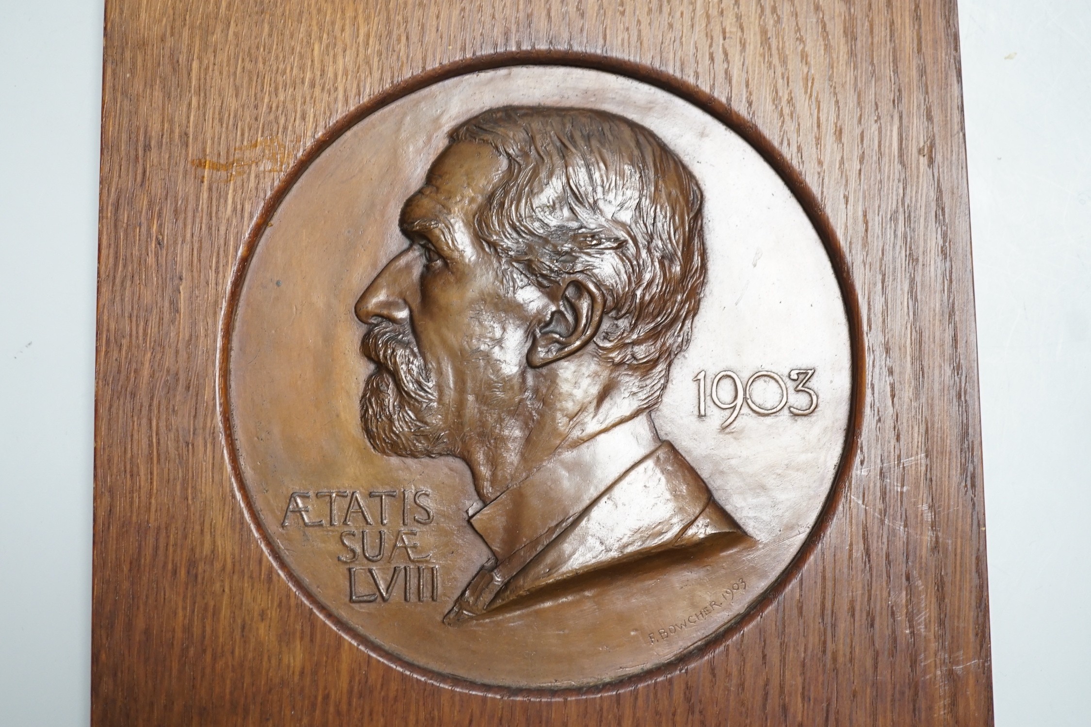 Frank Bowcher (1864-1938) bronze portrait relief plaque ‘To commemorate Edward Nettleships work and to encourage research in ophthalmology’ dated 1903, oak frame 28.5 x 21.5 cm